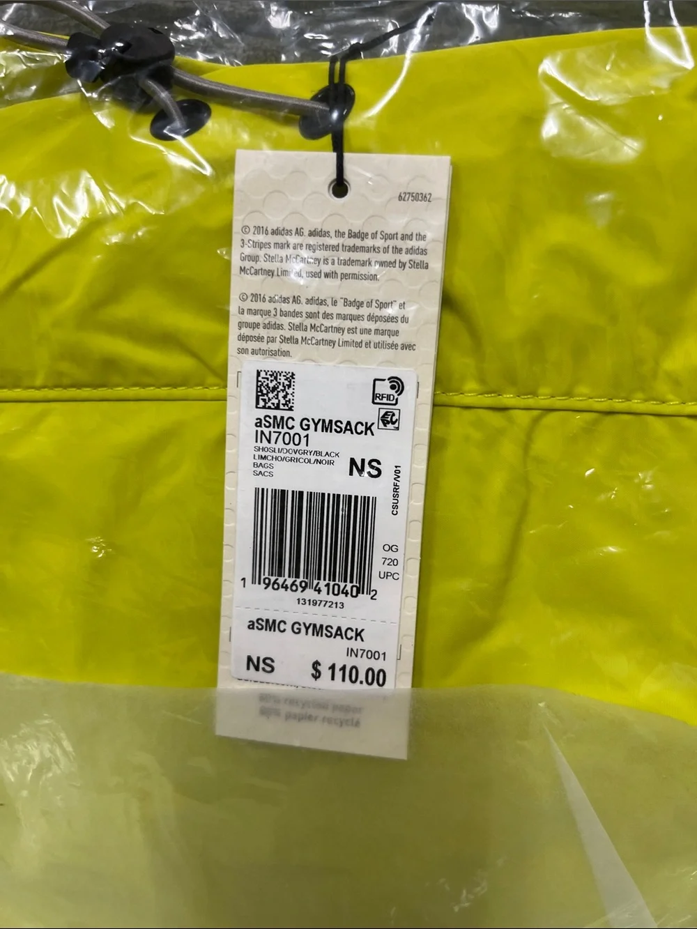 Stella McCartney x adidas Neon Yellow Gymsack backpack - Picture 2 of 4